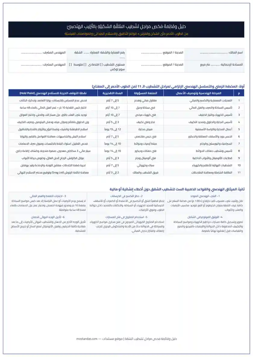 معاينة دليل وقائمة فحص مراحل تشطيب الشقة بالترتيب (من الطوب الأحمر إلى الفرش) PDF