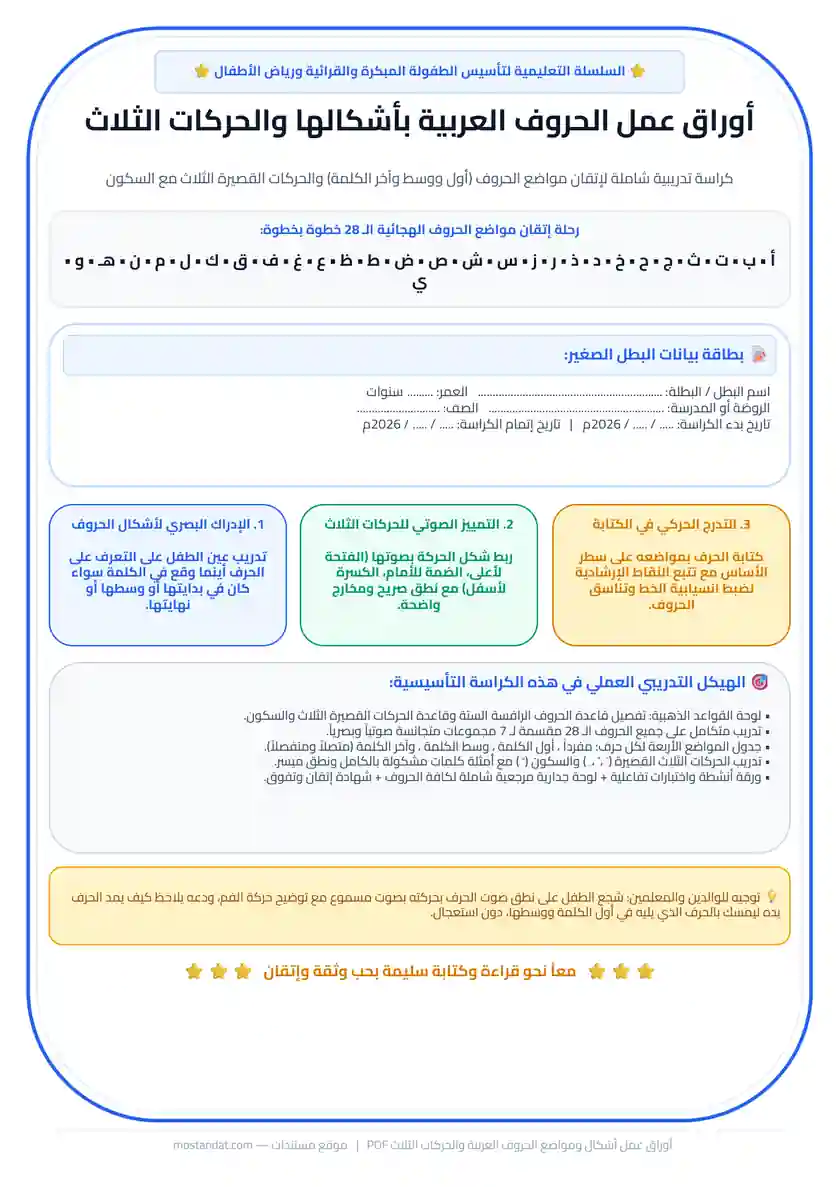 معاينة أوراق عمل الحروف العربية بأشكالها (أول ووسط وآخر الكلمة) مع الحركات الثلاث PDF