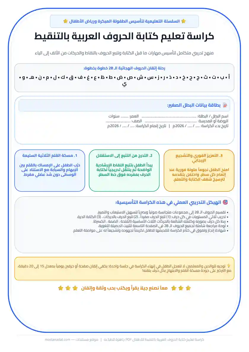معاينة كراسة تعليم كتابة الحروف العربية بالتنقيط للأطفال PDF جاهزة للطباعة