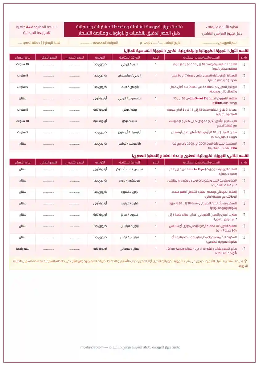 معاينة قائمة جهاز العروسة كاملة من الإبرة للصاروخ PDF بالكميات والأولويات