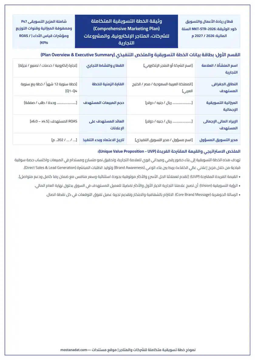 معاينة نموذج خطة تسويقية متكاملة جاهزة للتعديل للشركات والمتاجر Word و PDF