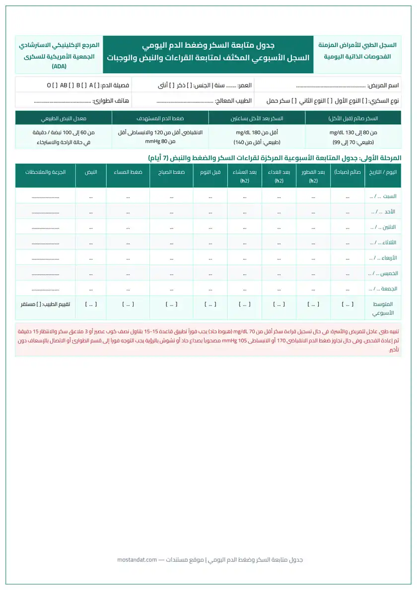 معاينة جدول متابعة السكر والضغط اليومي والتراكمي PDF جاهز للطباعة