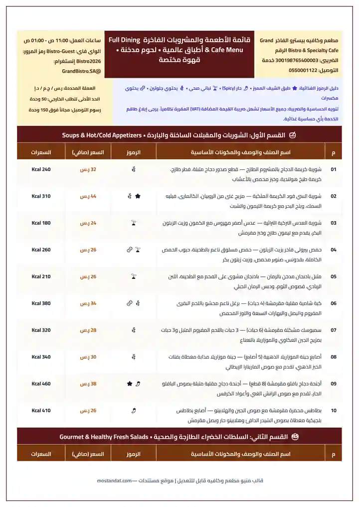 معاينة قالب منيو مطعم وكافيه جاهز للتعديل والطباعة بالأسعار والأقسام Word و PDF
