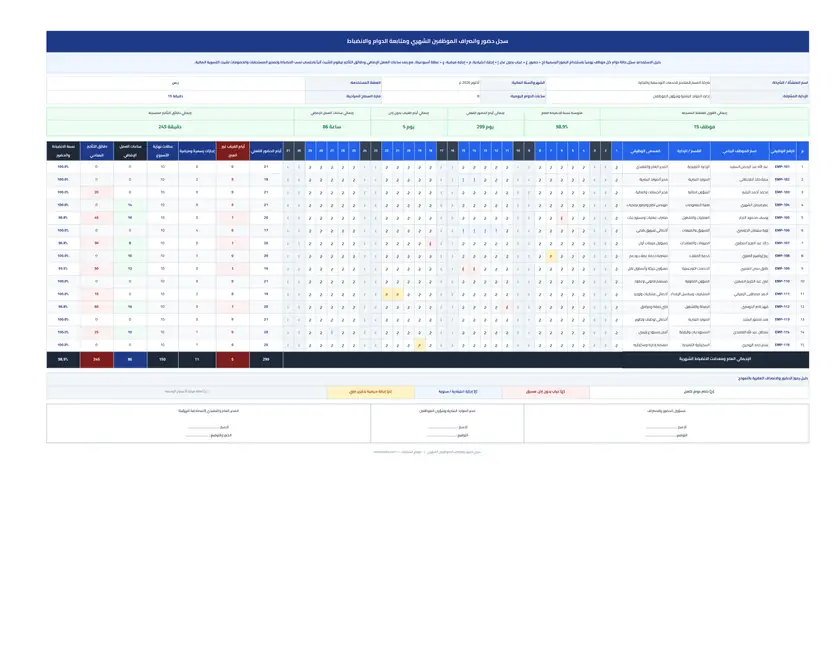 معاينة شيت حضور وانصراف الموظفين الشهري وحساب الساعات الإضافية والغياب Excel