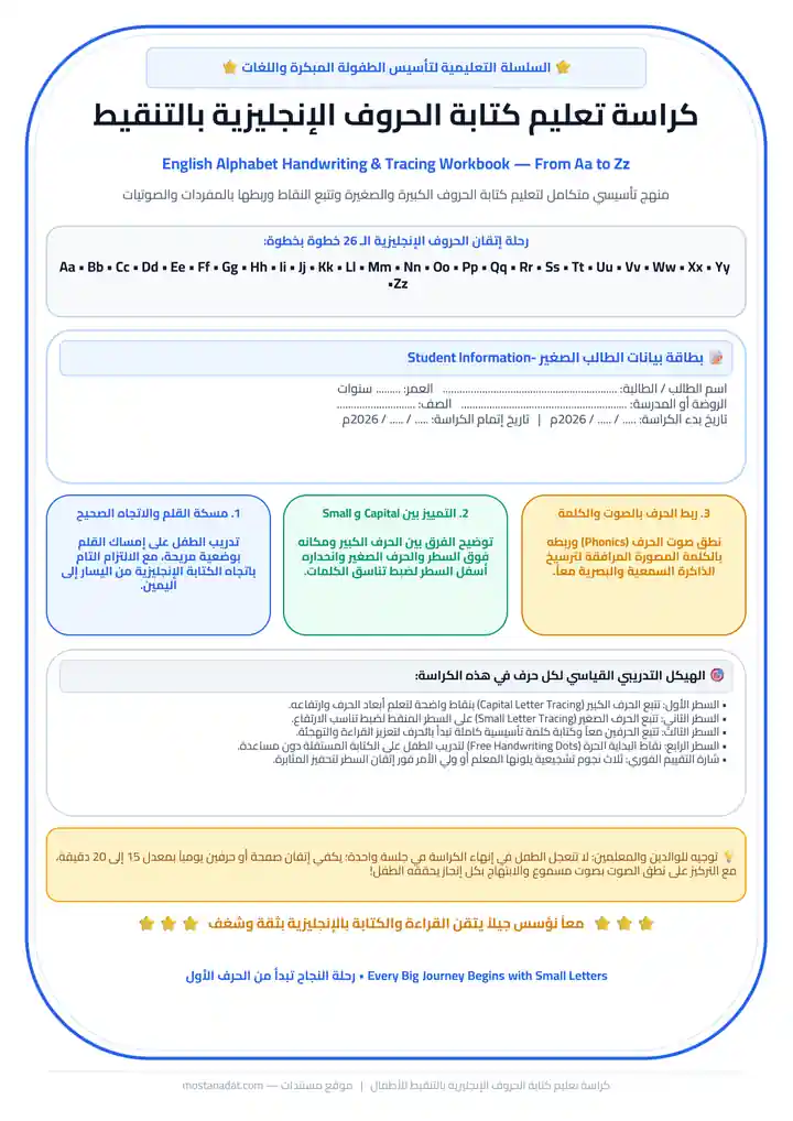 معاينة كراسة تعليم كتابة الحروف الإنجليزية كابيتال وسمول بالتنقيط للأطفال (A-Z) PDF