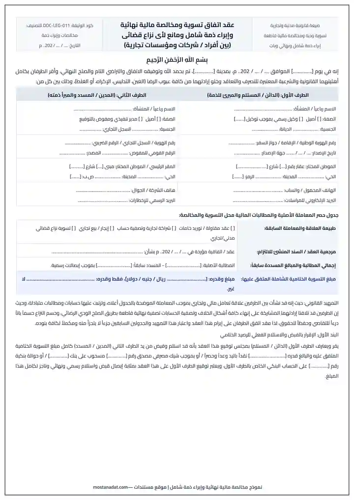 معاينة صيغة ونموذج مخالصة مالية نهائية وإبراء ذمة شامل بين طرفين أو شركات Word و PDF
