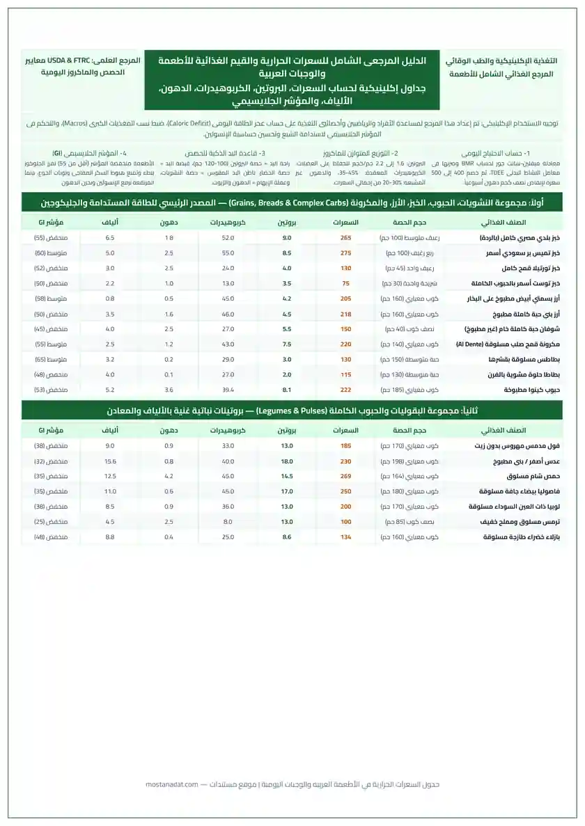 معاينة جدول السعرات الحرارية في الأطعمة العربية والوجبات اليومية والقيم الغذائية PDF