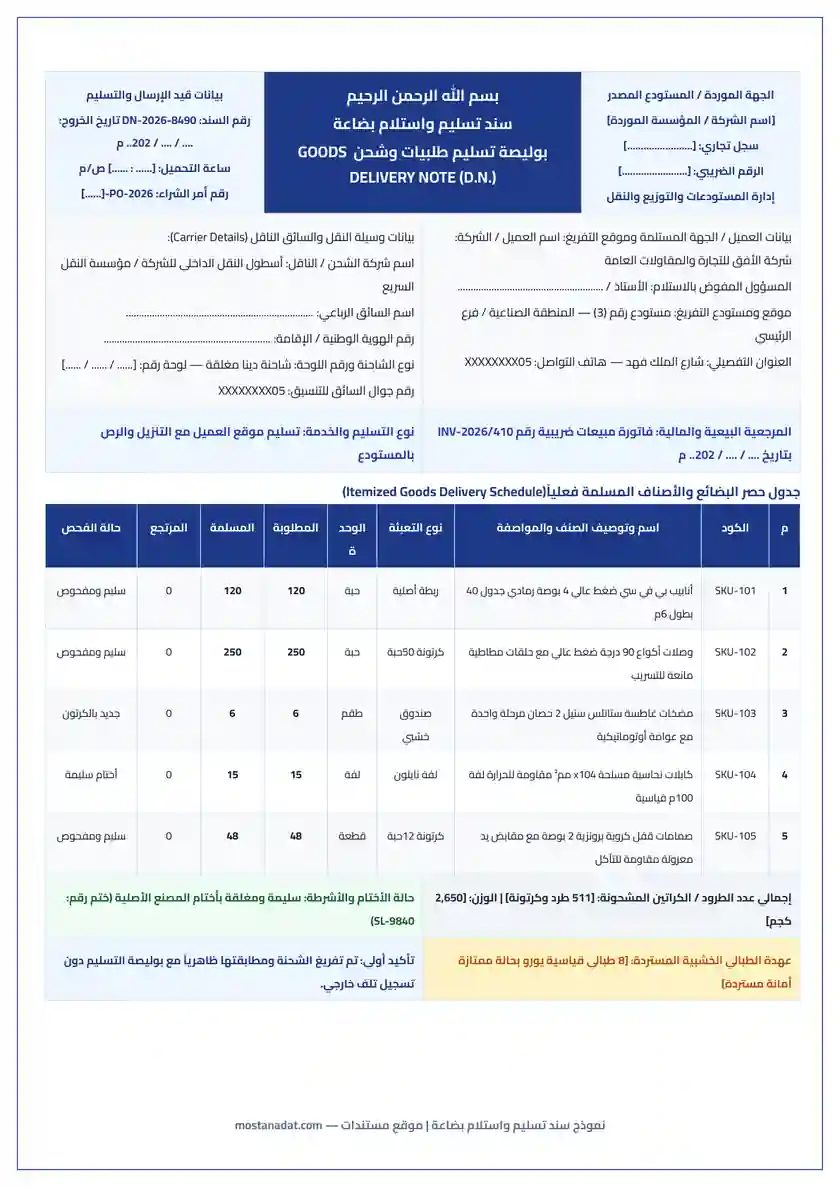 معاينة نموذج سند تسليم واستلام بضاعة (بوليصة تسليم طلبيات) Word و PDF