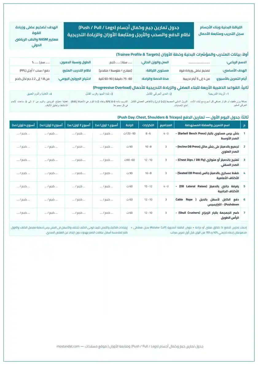 معاينة جدول تمارين جيم وكمال أجسام (Push / Pull / Legs) ومتابعة الأوزان PDF للطباعة