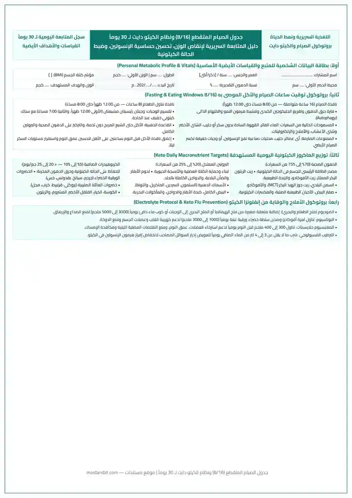 معاينة جدول الصيام المتقطع (16/8) ونظام الكيتو دايت لـ 30 يوماً PDF للطباعة