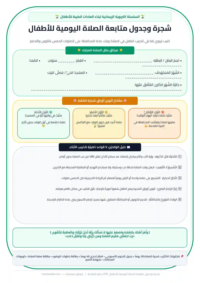 معاينة شجرة وجدول متابعة الصلاة اليومية للأطفال للتلوين والتحفيز PDF جاهز للطباعة