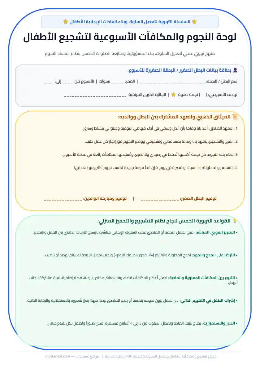 جدول تشجيع ومكافآت الأطفال وتعديل السلوك والصلاة PDF جاهز للطباعة