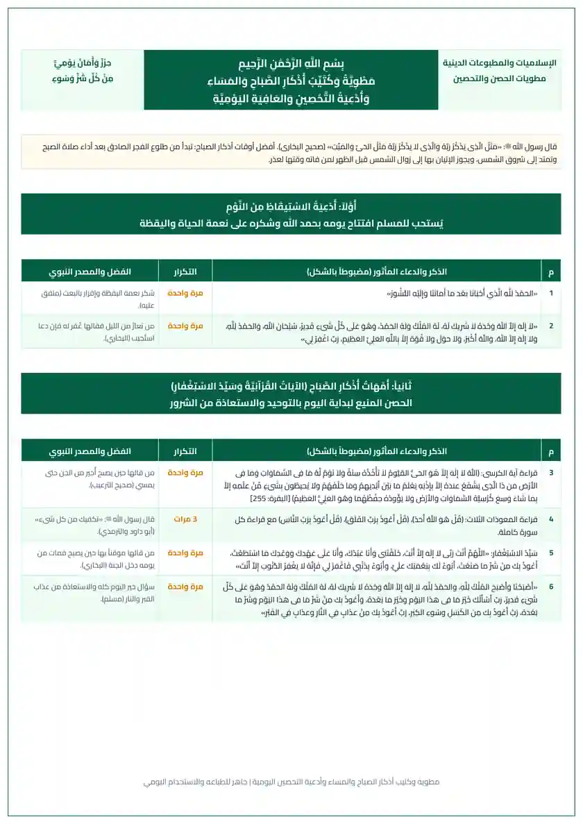 معاينة مطوية وكتيب أذكار الصباح والمساء وأدعية التحصين اليومية PDF جاهزة للطباعة