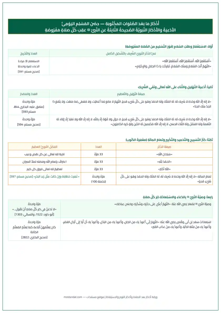 معاينة ورقة أذكار بعد الصلاة وأذكار النوم والاستيقاظ بتصميم مريح للعين جاهز للطباعة PDF