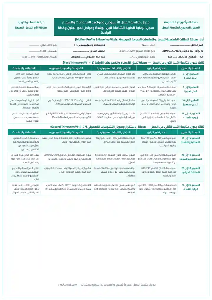 معاينة جدول متابعة الحمل أسبوعاً بأسبوع والفيتامينات ومواعيد السونار PDF للطباعة