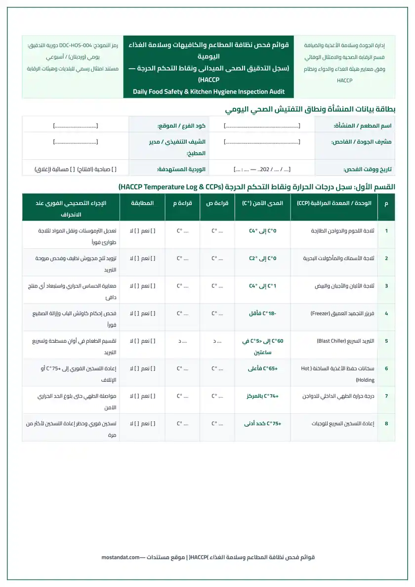 معاينة قوائم فحص نظافة المطاعم والكافيهات وسلامة الغذاء اليومية (HACCP Checklist) Word و PDF