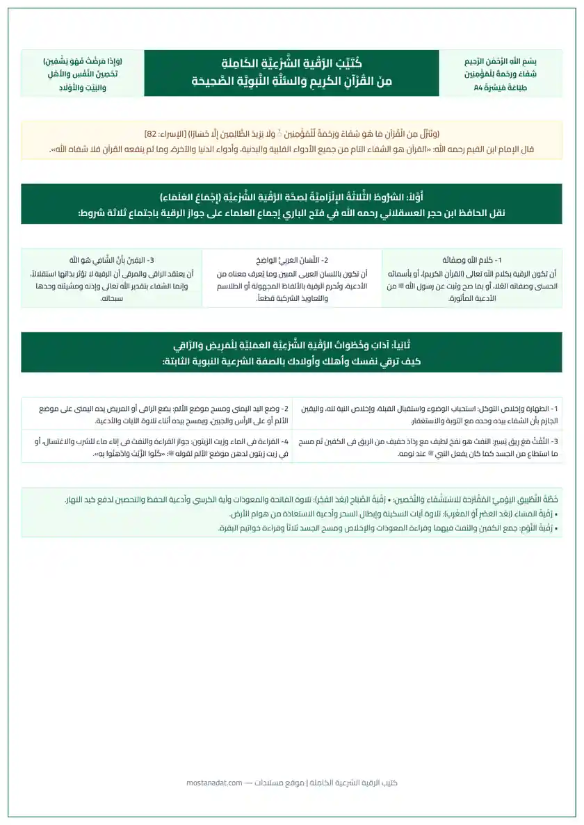 معاينة كتيب الرقية الشرعية الكاملة من القرآن الكريم والسنة النبوية الصحيحة PDF للطباعة