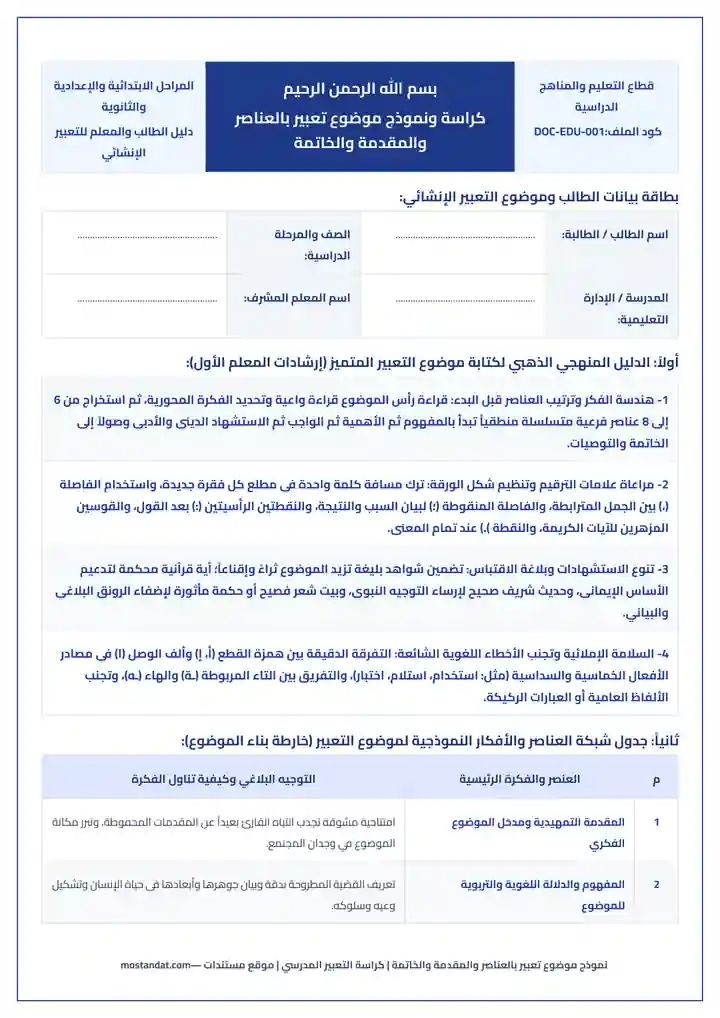 نموذج موضوع تعبير بالعناصر والمقدمة والخاتمة جاهز للطباعة وورد و PDF