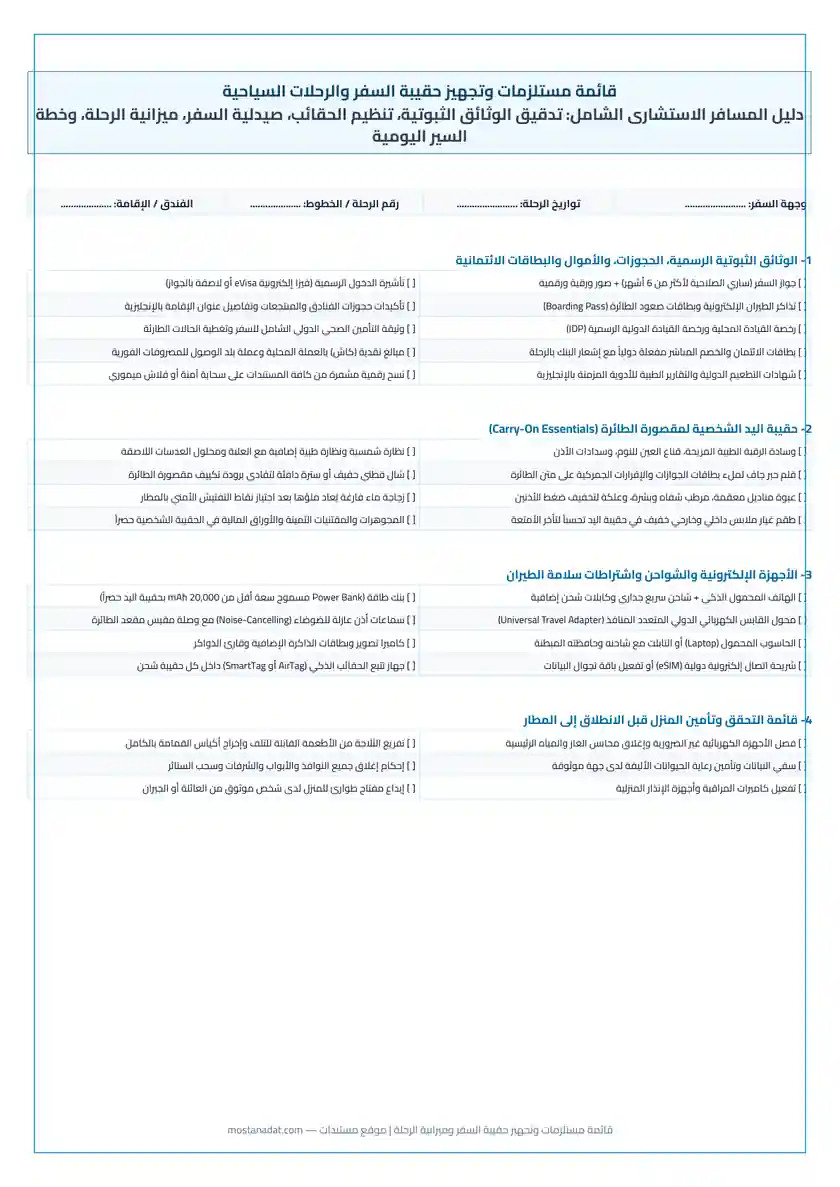 معاينة قائمة مستلزمات وتجهيز حقيبة السفر والرحلات السياحية وميزانية السفر PDF