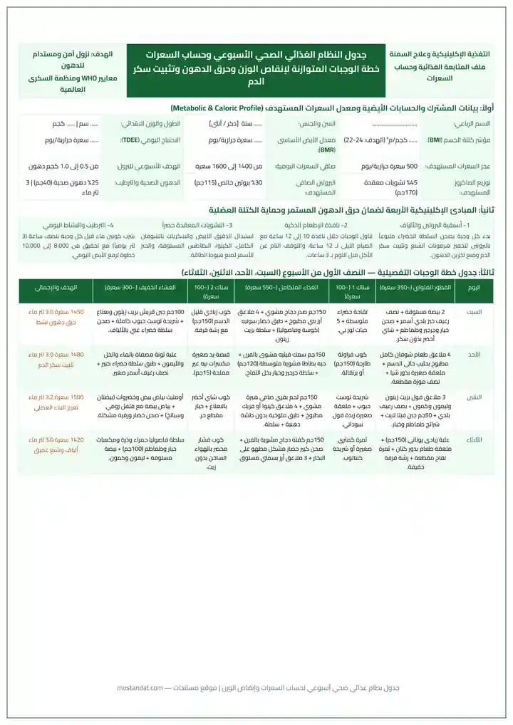 معاينة جدول نظام غذائي صحي أسبوعي لحساب السعرات وإنقاص الوزن PDF للطباعة